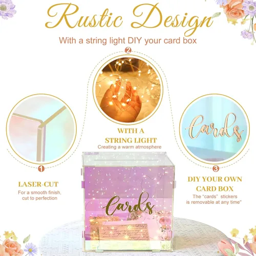 Vista 4 de OurWarm Caja de tarjetas de boda de acrílico iridiscente con cadena de luz, caja de tarjeta de regalo para recepción de boda, sobre de boda, cajas