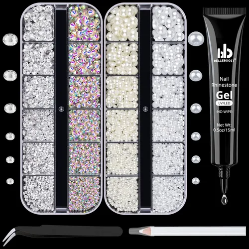 Vista 14 de Kit de pedrería para uñas BELLEBOOST, 15ml de pegamento de gel con strass + gemas coloridas + cristales de vidrio flatback AB y gemas transparentes