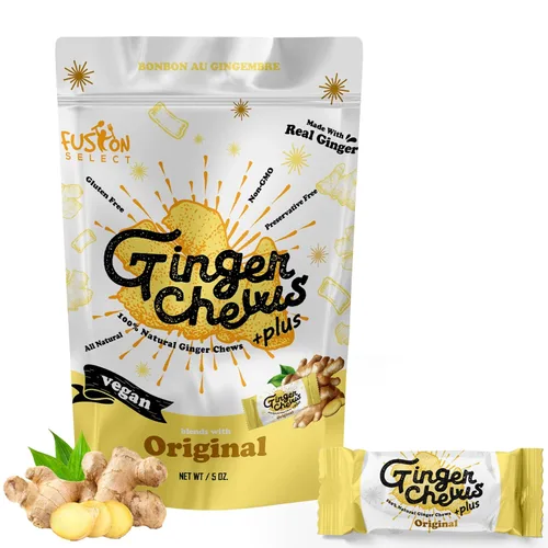 Vista 16 de Fusion Select Ginger Chews - Delicias dulces y confitadas suaves de Indonesia - Promueven el alivio de las náuseas matutinas, malestar estomacal