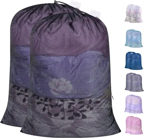 Vista 10 de Polecasa Bolsas de lavandería grandes de malla de diamante extra resistentes con cierre de cordón y etiqueta de identificación, bolsa