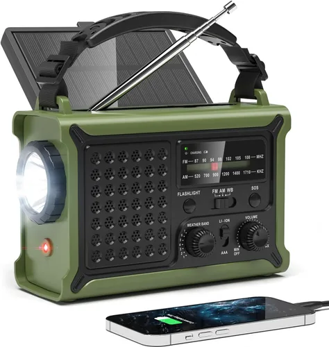 Radio de emergencia de 12000mAh/44400mWh - Radio meteorológica aprobada por NOAA con AM/FM, panel solar portátil/manivela/entrada de CA, batería