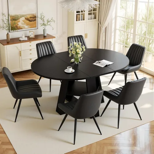 Vista 11 de Aivermel - Juego de mesa de comedor extensible redonda a ovalada para 4 a 6, mesa de cocina de madera con almacenamiento oculto y sillas tapizadas