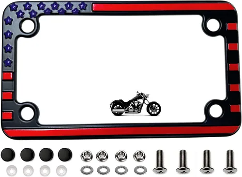 Vista 10 de MULL Marco de matrícula de aluminio para motocicleta con bandera estadounidense en relieve 3D, color negro (paquete de 1)