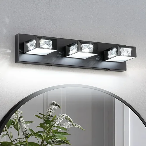 Vista 8 de Joossnwell Lámpara de tocador de baño de níquel cepillado con cristal, iluminación LED regulable de 5CCT para baño, sobre espejo