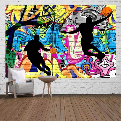 Ine Ive Tapiz deportivo de baloncesto con graffiti nostálgico, arte callejero, fondo de pared de 60 x 40 pulgadas, para niños, silueta de tiro de