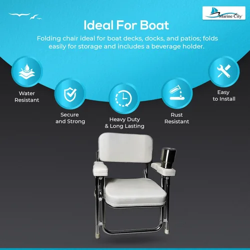 Vista 5 de MARINE CITY Aluminum Portable Folding Boat Deck Chair, Cushioned & Comfortable with Foam Padding, Ideal for Marine, Boats, Yachts, and Ships
