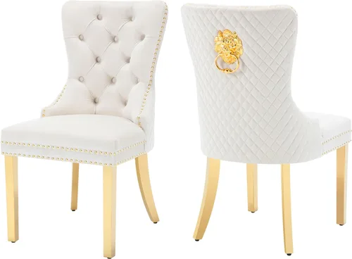 Vista 10 de KCC Juego de 2 sillas de comedor tapizadas de terciopelo, modernas sillas capitoné con botones con anillo de cabeza de león y patas de acero