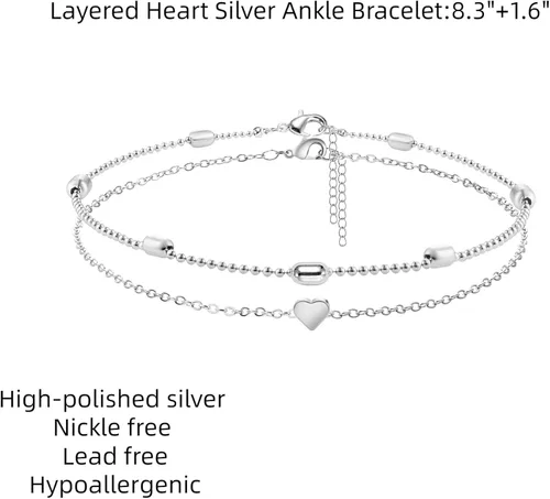 Vista 5 de VENOCO Tobillera en capas para mujeres y niñas, delicada tobillera dorada, minimalista, impermeable, para verano, pulsera de tobillo plateada