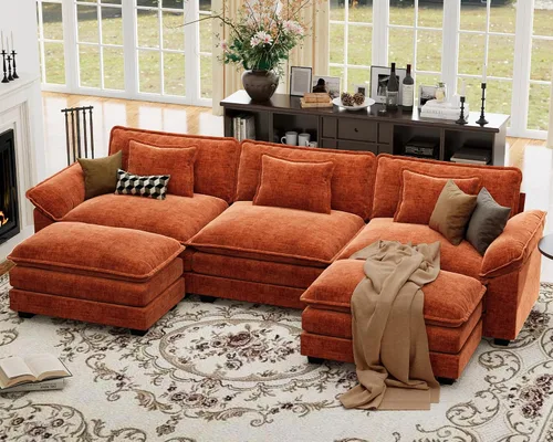 Vista 96 de Sofá modular de gran tamaño de 154 pulgadas, cómodo sofá en forma de U con 3 otomanas móviles, sofá moderno de felpilla de 7 plazas para sala