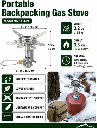 Vista 8 de CAMPINGMOON Estufa portátil compacta plegable con tapa de cartucho con micro regulador con 4Flex con encendedor XD-2F (Plata)