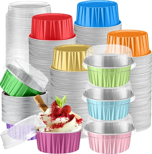 Vista 22 de Paquete de 200 forros de papel de aluminio para cupcakes con tapas, taza redonda de 5 onzas para hornear, recipiente desechable para Ramadán, Negro