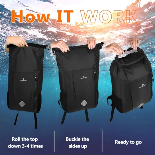 Vista 6 de Bolsa seca de 20L, mochila impermeable con bolsa para la cintura y funda para teléfono, bolsa seca con tapa enrollable para kayak, bolsa seca marina