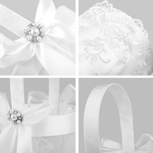 Vista 7 de TRUE LOVE GIFT Juego de almohada portadora de anillos y cesta de niña de flores de boda, diamantes de imitación de perlas, colección de encaje