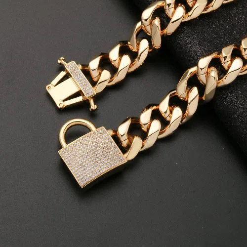 Vista 3 de Collar de perro de oro de 0.748 in, acero inoxidable con cierre de circonita, cadena de eslabones cubanos de oro de 18 quilates, collar de cadena