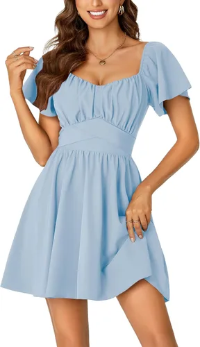 Vista 23 de Rooscier Minivestido acampanado de manga corta con volantes, cuello cuadrado, envolvente y espalda anudada para mujer