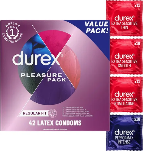 Condones Durex RED extra sensibles, ultrafinos, extra lubricados de látex de goma natural para hombres, 42 unidades, aptos para FSA y HSA