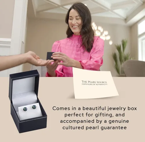 Vista 3 de THE PEARL SOURCE Aretes de perlas reales Akoya japonesas negras para mujer, aretes de oro de 14 quilates, hipoalergénicos con perlas cultivadas