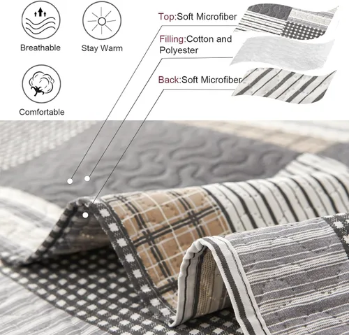 Vista 5 de Juego de edredón a cuadros, colcha y cubrecama tamaño queen, cuadros marrones y blancos, ligero y reversible, microfibra suave, para todas