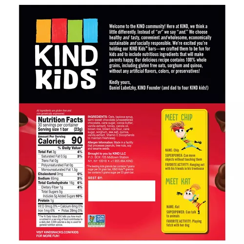 Vista 3 de KIND Kids - Barras masticables de granola con chispas de chocolate, contienen nutrientes de una porción completa de verduras, sin gluten y sin