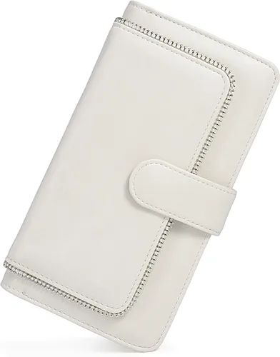 Vista 20 de UTO Cartera de cuero vegano para mujer, cartera larga con broche de presión, tarjetero de crédito, elegante embrague 0153 Gris