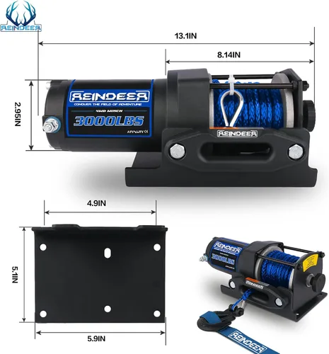 Vista 2 de REINDEER Nuevo cabrestante de 12V, capacidad de carga de 3000 libras, kit de cabrestante eléctrico, cuerda sintética con Hawse Fairlead impermeable