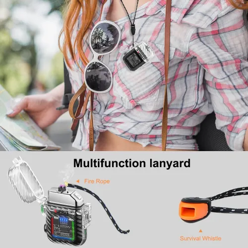 Vista 6 de SUPRUS Luminoso 3 modos de linterna resistente al viento, impermeable, encendedor eléctrico recargable de plasma de doble arco con silbato de Negro