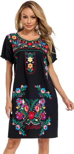 Vista 2 de YZXDORWJ Vestido bordado mexicano de manga corta para mujer 222BK
