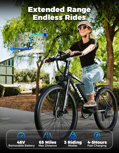 Vista 3 de Electric Bike for Adults, 1500W Peak Mountain Ebike with 25 MPH, 65 Miles Range, 7 Speeds, 48V 10Ah Removable Battery 26" Ebike for Commute