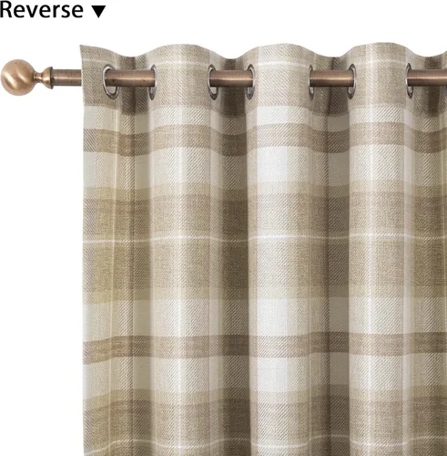 Vista 4 de always4u - Cortinas de cuadros beige con ojales, aspecto de lana, modernas para sala de estar y dormitorio, decoración del hogar, cortinas a