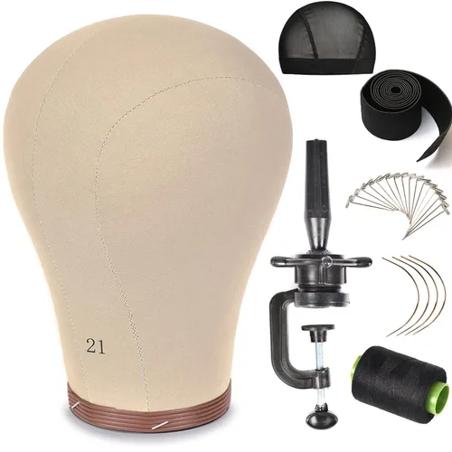 Vista 10 de Cabeza de peluca de 20 pulgadas, cabeza de bloque de maniquí de lona de corcho con soporte para hacer pelucas (20 pulgadas)