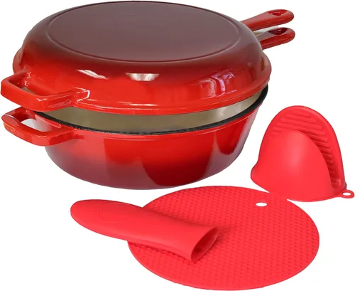 Vista 2 de Sartén esmaltada de hierro fundido 2 en 1 de 3 cuartos de galón con tapa de parrilla, color rojo, sirve como cacerola y sartén de estufa