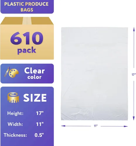 Vista 2 de Bolsa de plástico para productos en rollo, 11 x 17 pulgadas. Rollo de 610 bolsas transparentes para almacenamiento de alimentos, rollo de bolsas