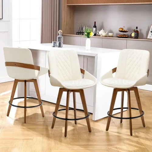 Vista 24 de AQG Counter Height Bar Stools, Mid Century Modern Bar Chairs Swivel with Back, Faux Leather Upholstered Barstools Walnut Wood Frame for Kitchen