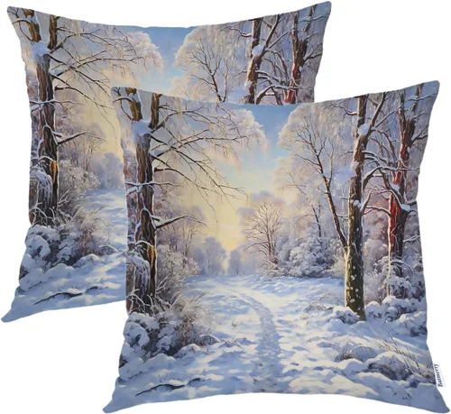 Vista 45 de Batmerry Autumn Maple Forest Throw Pillow Covers, Wooden Chair Houses Yellow Leaves Decorative Pillow Covers Digital Printing Blended Fabric for