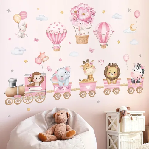 Vista 3 de decalmile Calcomanías de pared de tren de animales rosados, elefante, león, globo aerostático, calcomanías de pared para dormitorio de niñas