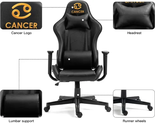 Vista 112 de Modern-Depo Black Virgo Zodiac - Silla de juegos con diseño ergonómico, giratorio y reclinable ajustable, capacidad de carga de 330 libras