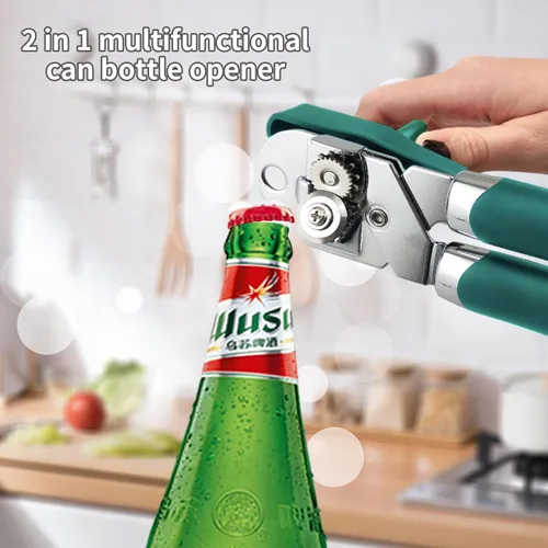 Vista 5 de Safring Abrelatas manual, de mano de acero inoxidable resistente y resistente, mango cómodo, borde liso de hoja afilada, abrelatas con abrebotellas