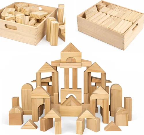 Vista 5 de Bloques de construcción estándar para niños pequeños con bandeja de almacenamiento (64 piezas) bloques de madera lijada para niños, aprendizaje