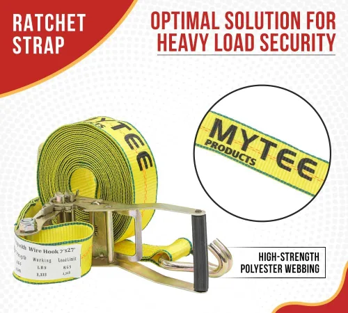 Vista 2 de Mytee Products Correas de amarre de trinquete con gancho de alambre, correa de trinquete de 2 pulgadas x 27 pies 10,000 libras de resistencia a