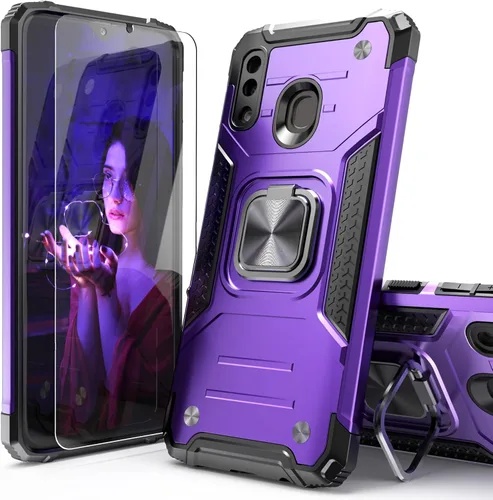 Vista 10 de Funda para Galaxy A20 con protector de pantalla, a prueba de golpes, a prueba de caídas, ajuste delgado, con soporte de automóvil, cubierta Negro