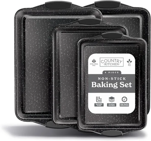 Country Kitchen Juego de utensilios para hornear apilables antiadherentes, resistentes, duraderos, de fácil liberación, negro, 4 piezas