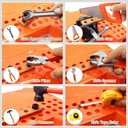 Vista 4 de Juego de banco de herramientas para niños, 90 piezas, banco de trabajo de herramientas para niños pequeños con taladro eléctrico realista, juego