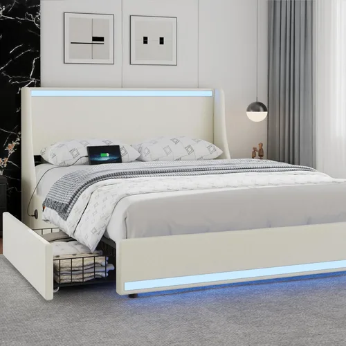 Vista 32 de VECELO Full Size Bed Frame with Storage Drawers, Upholstered Platform Bedframe with Wingback Headboard, No Box Spring Needed, Light Grey