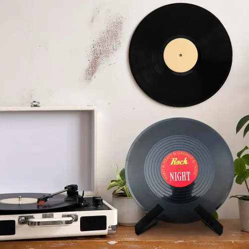 Vista 3 de masteymoh Soporte retro para discos de madera natural, soporte retro para discos de vinilo, soporte de discos de madera negra, soporte de placa