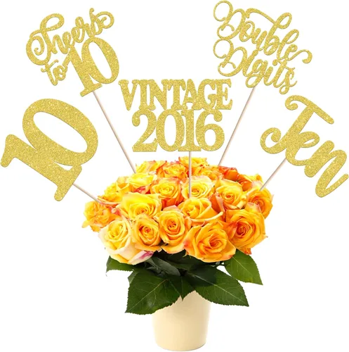 Vista 63 de 15 piezas de centro de mesa de feliz cumpleaños número 10 palos de diez dígitos dobles vintage 2015 centros de mesa de flores palos saludos a 10