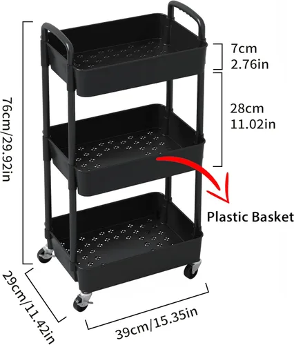 Vista 2 de Sywhitta - Carrito de almacenamiento rodante de plástico de 3 niveles con asa, carrito de almacenamiento multifuncional para oficina, sala de estar