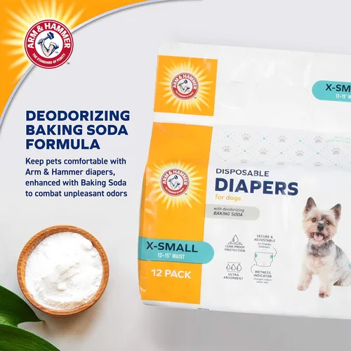 Vista 4 de Arm & Hammer Pañales para perros hembras para mascotas, talla XS, 12 unidades, ultra absorbentes, ajustables, con protección a prueba de fugas e