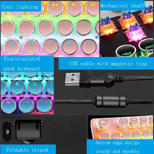 Vista 5 de Teclado mecánico rosa para juegos, estilo retro punk de 87 teclas, interruptor azul, teclado retroiluminado RGB, anti-fantasma, cable USB, para PC