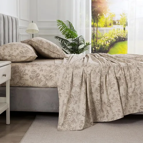 Vista 23 de Juego de sábanas elegantes de 100 % algodón con estampado de flores desgastadas, sábana bajera suave y nítida con bolsillo extra profundo, juego