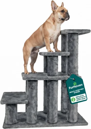 Vista 9 de Furhaven Steady Paws - Escaleras para mascotas de varios pasos para camas altas y sofás, color marrón, 3 escalones